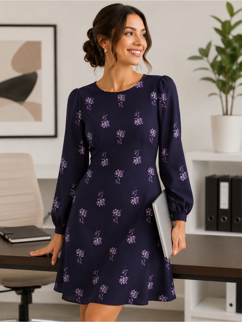 Ann Taylor Purple Floral Knee-Length Long-Sleeve Shift Dress - Size 6